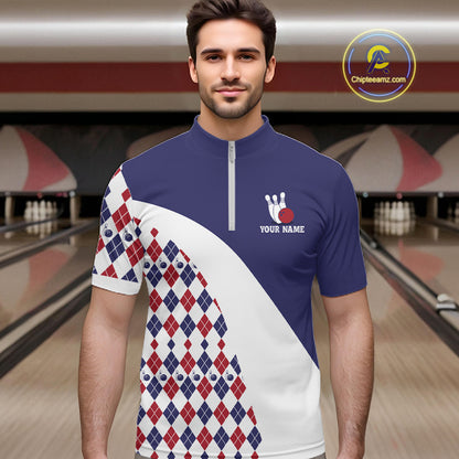 Custom Blue Red Argyle Pattern Bowling Jersey for Men Bowling Team Shirts Polo & 1/4 Zip HNT499