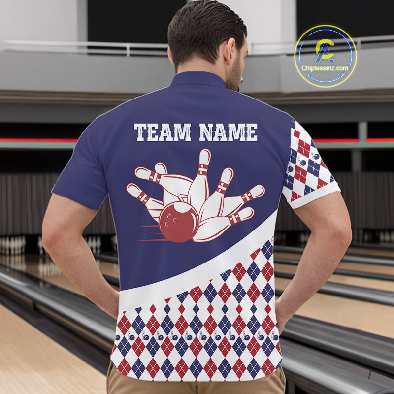 Custom Blue Red Argyle Pattern Bowling Jersey for Men Bowling Team Shirts Polo & 1/4 Zip HNT499