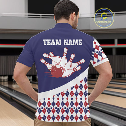 Custom Blue Red Argyle Pattern Bowling Jersey for Men Bowling Team Shirts Polo & 1/4 Zip HNT499