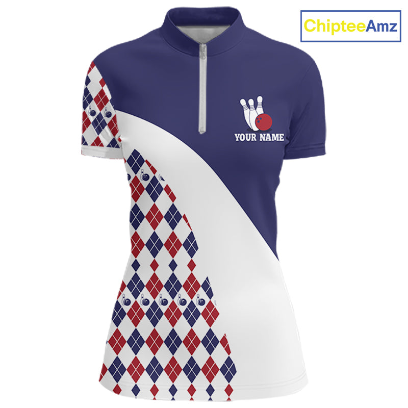 Custom Blue Red Argyle Pattern Bowling Jersey for Women Bowling Team Shirts Polo & 1/4 Zip HNT499