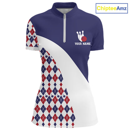 Custom Blue Red Argyle Pattern Bowling Jersey for Women Bowling Team Shirts Polo & 1/4 Zip HNT499