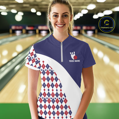 Custom Blue Red Argyle Pattern Bowling Jersey for Women Bowling Team Shirts Polo & 1/4 Zip HNT499