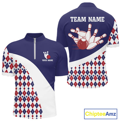 Custom Blue Red Argyle Pattern Bowling Jersey for Men Bowling Team Shirts Polo & 1/4 Zip HNT499