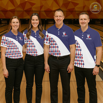 Custom Blue Red Argyle Pattern Bowling Jersey for Men Bowling Team Shirts Polo & 1/4 Zip HNT499