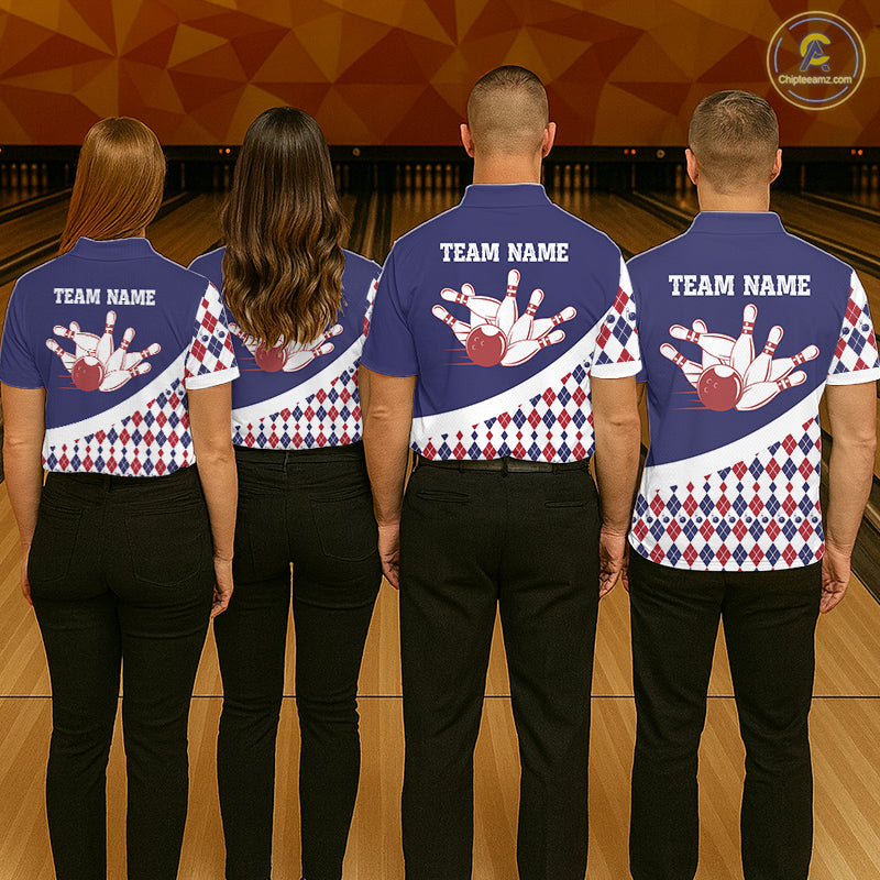 Custom Blue Red Argyle Pattern Bowling Jersey for Women Bowling Team Shirts Polo & 1/4 Zip HNT499