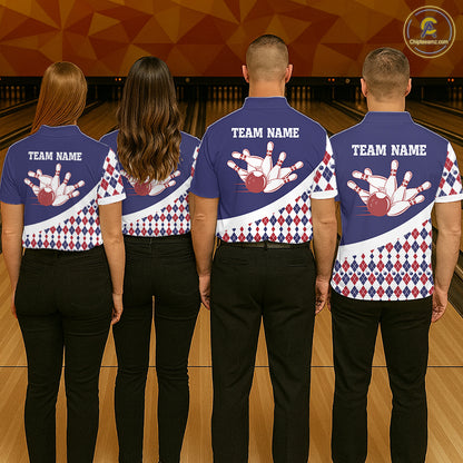 Custom Blue Red Argyle Pattern Bowling Jersey for Women Bowling Team Shirts Polo & 1/4 Zip HNT499