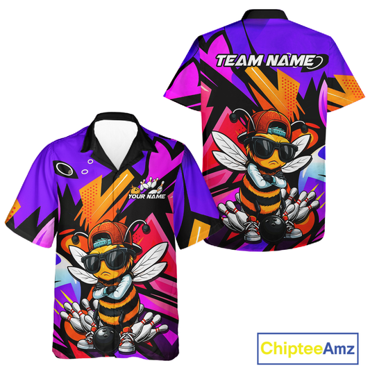 Custom Funny Bee Graffiti Pattern Bowling Hawaiian Jersey for Women Bowling Team Shirts HNT174
