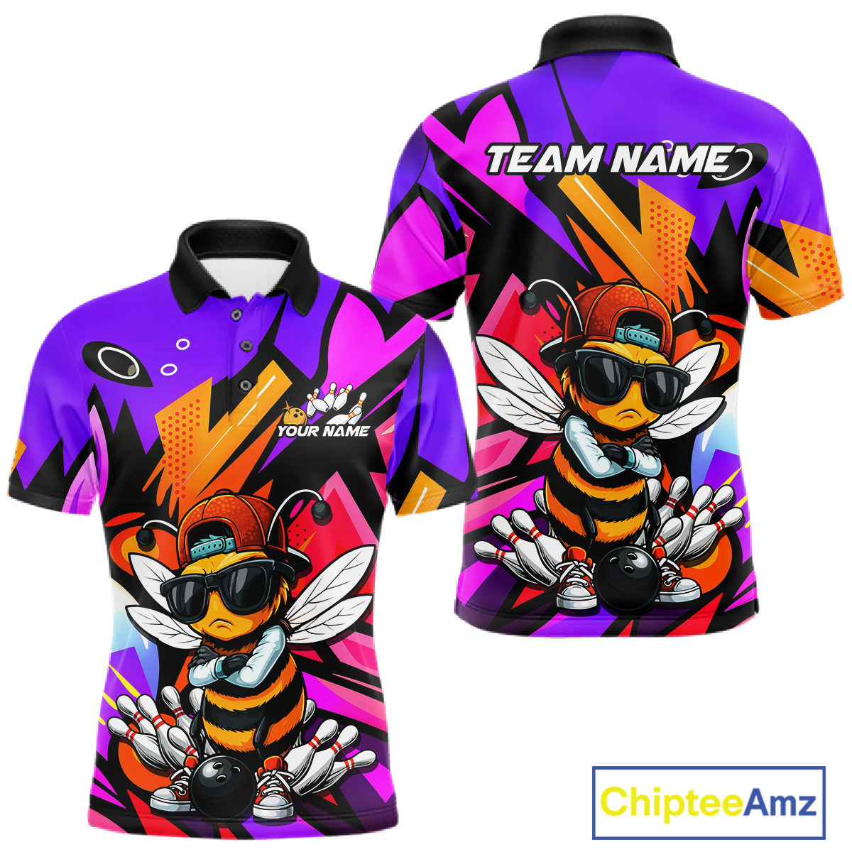 Custom Funny Bee Graffiti Pattern Bowling Jersey for Men Bowling Team Shirts Polo & 1/4 Zip HNT174