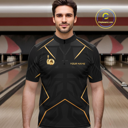 Custom Black and Gold Bowling Jersey for Men Bowling Team Shirts Bowling League Polo & 1/4 Zip HNT175