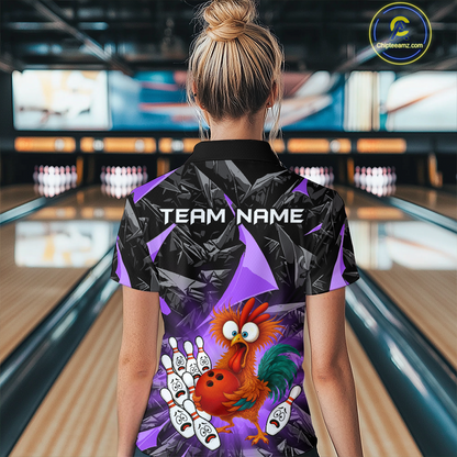 Custom Purple Funny Chicken Bowling Jersey for Women Bowling Team Shirts Polo & 1/4 Zip HNT138