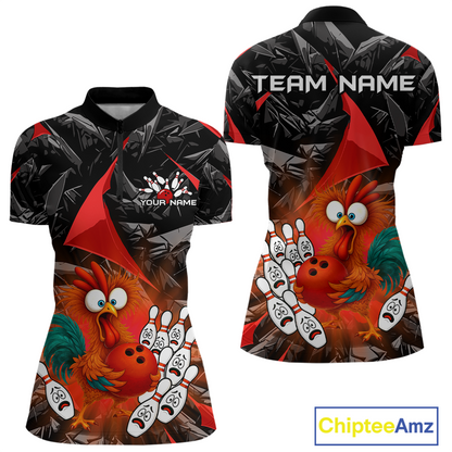 Custom Red Funny Chicken Bowling Jersey for Women Bowling Team Shirts Polo & 1/4 Zip HNT138