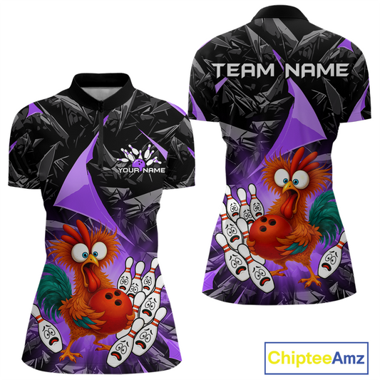 Custom Purple Funny Chicken Bowling Jersey for Women Bowling Team Shirts Polo & 1/4 Zip HNT138