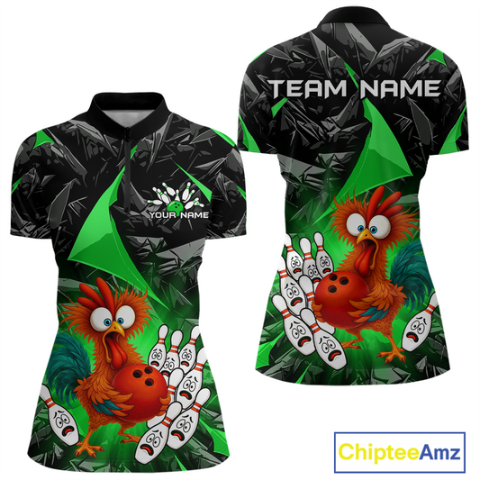 Custom Green Funny Chicken Bowling Jersey for Women Bowling Team Shirts Polo & 1/4 Zip HNT138