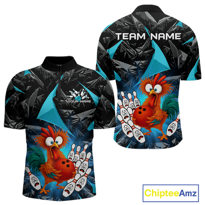 Custom Turquoise Funny Chicken Bowling Jersey for Men Bowling Team Shirts  Polo & 1/4 Zip HNT138