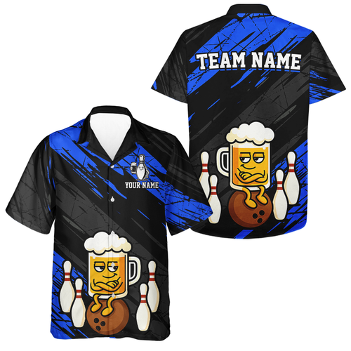 Custom Blue Funny Beer Hawaiin Bowling Jersey Bowling Uniform Bowling Team Shirts HNT107