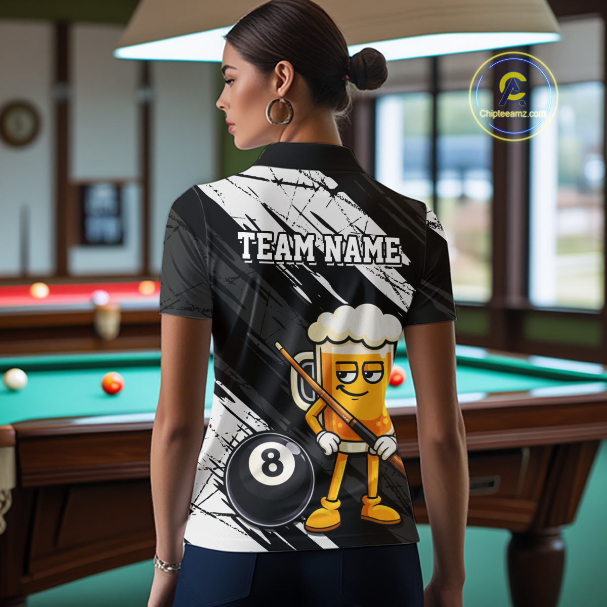 Custom Funny Black Beer 8 Ball Pool Women Billiard Polo & 1/4 Zip, Billiard Shirt, Billiard Team Jerseys NNT146