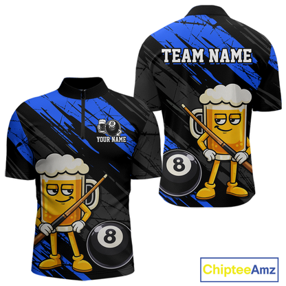 Custom Funny Blue Beer 8 Ball Pool Men Billiard Polo & 1/4 Zip, Billiard Shirt, Billiard Team Jerseys NNT146