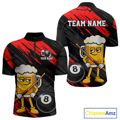 Custom Funny Red Beer 8 Ball Pool Men Billiard Polo & 1/4 Zip, Billiard Shirt, Billiard Team Jerseys NNT146