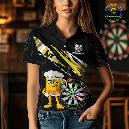 Custom Yellow Funny Beer Dart Shirts for Women Darts Team Jerseys Dart Tournament Polo & 1/4 Zip NNT139