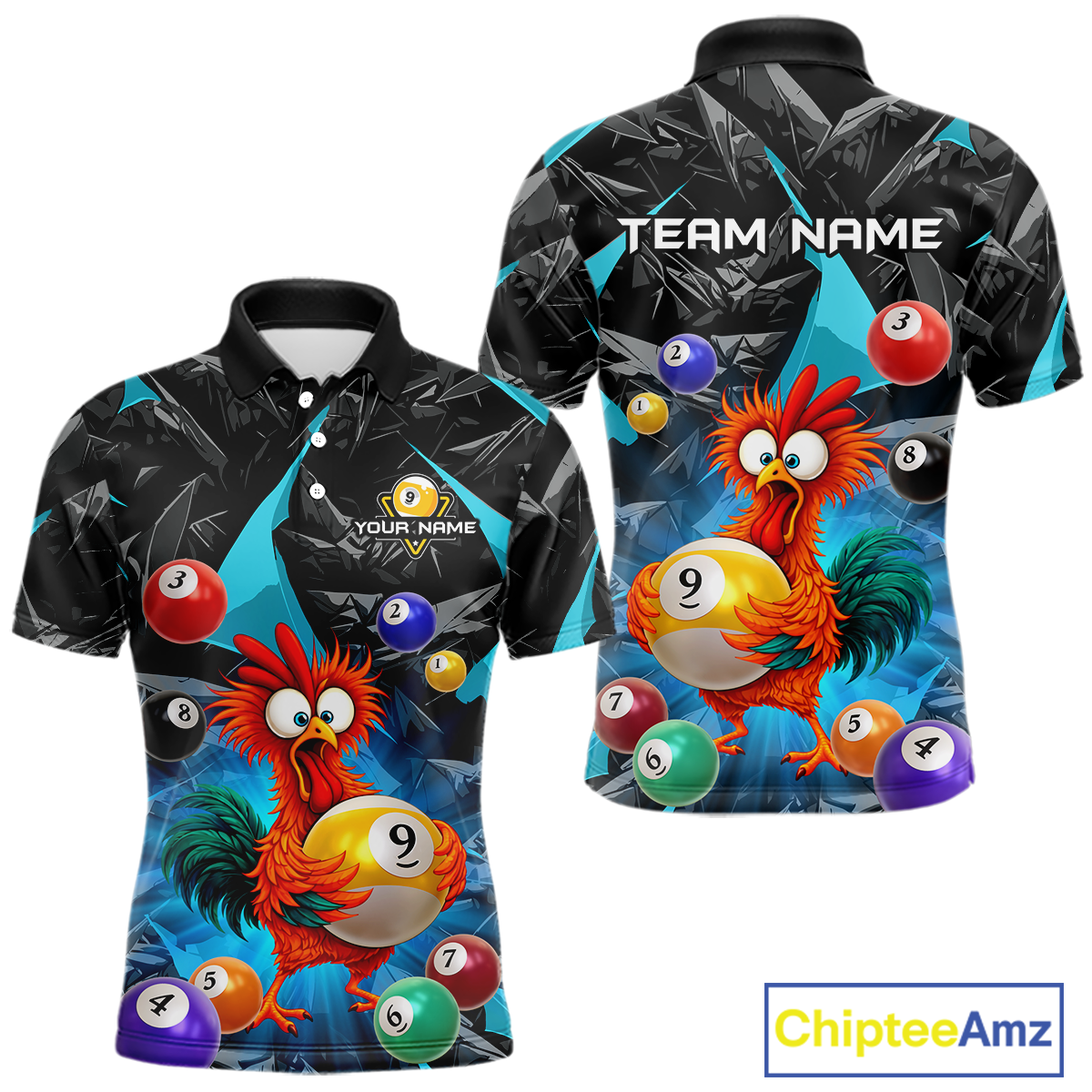 Custom Funny Turquoise Chicken 9 Ball Pool Billiard Shirt for Men Polo & 1/4 Zip, Billiard Team Jerseys NNT157