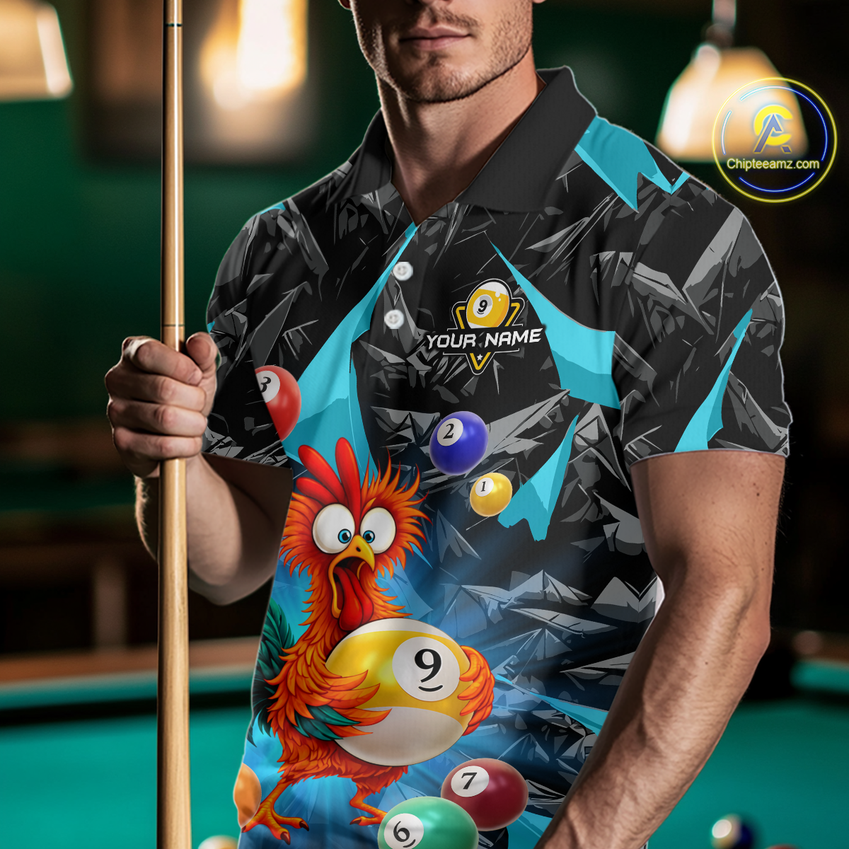 Custom Funny Turquoise Chicken 9 Ball Pool Billiard Shirt for Men Polo & 1/4 Zip, Billiard Team Jerseys NNT157
