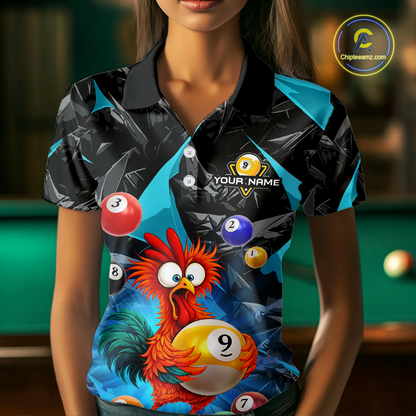Custom Funny Turquoise Chicken 9 Ball Pool Billiard Shirt for Women Polo & 1/4 Zip, Billiard Team Jerseys NNT157