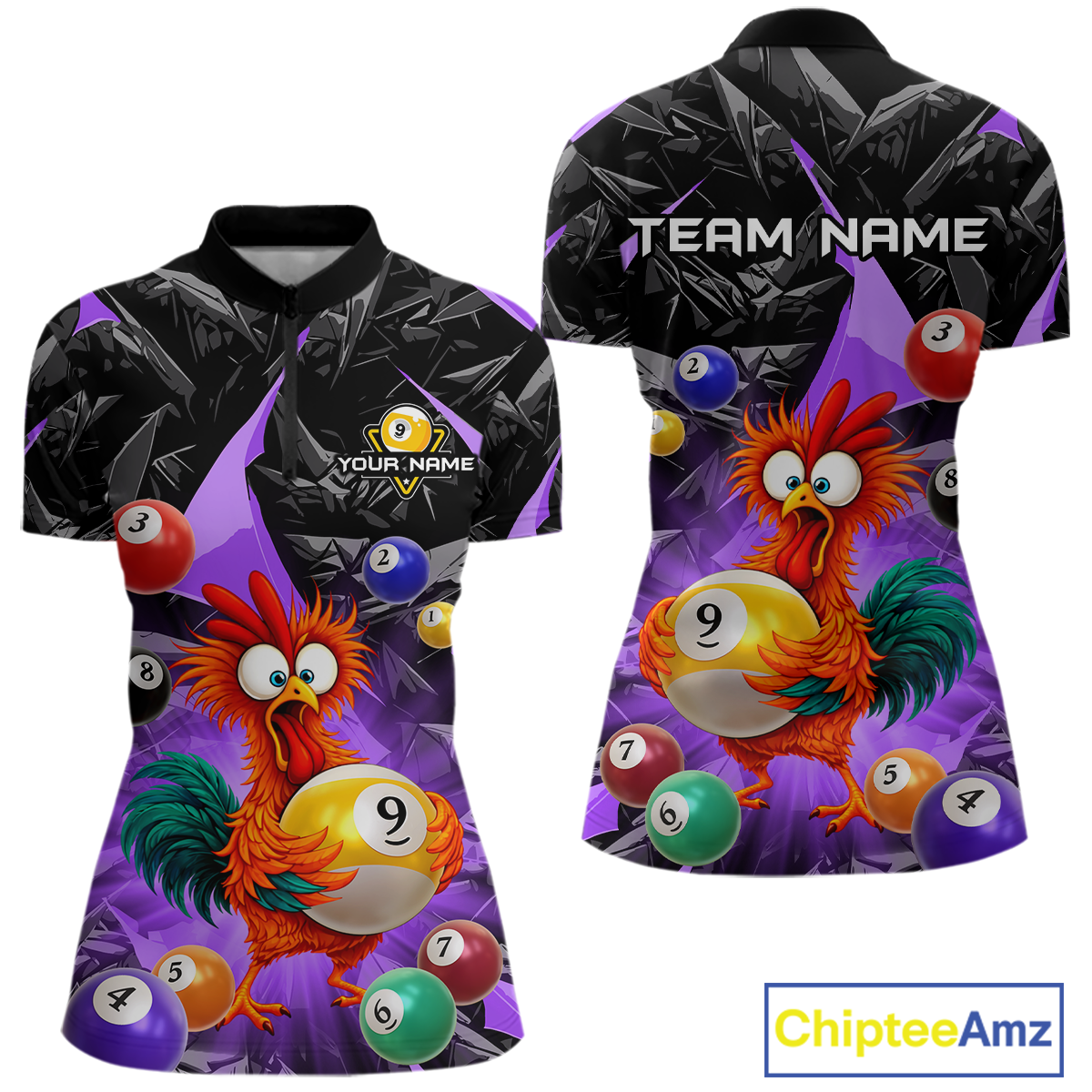 Custom Funny Purple Chicken 9 Ball Pool Billiard Shirt for Women Polo & 1/4 Zip, Billiard Team Jerseys NNT157