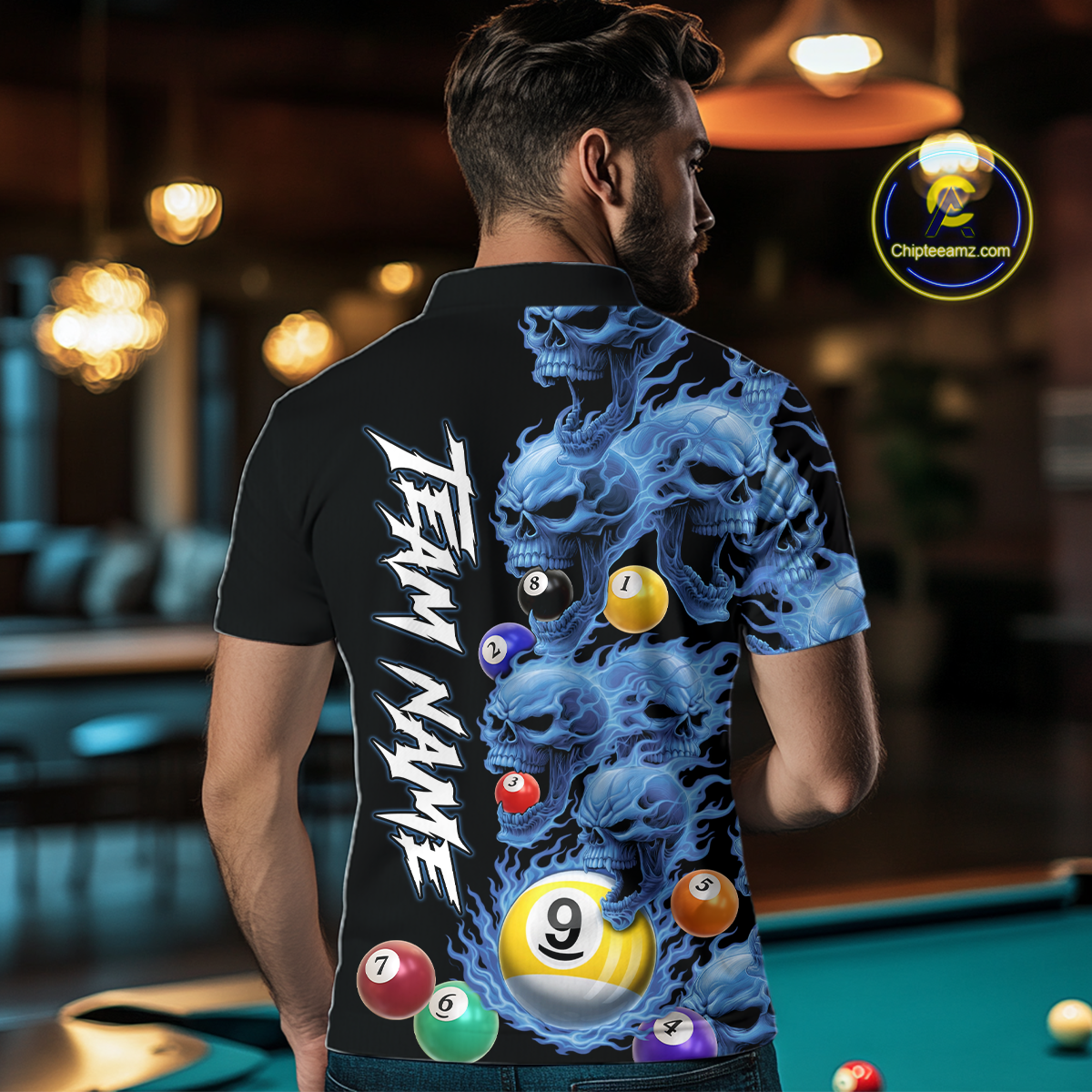 Custom Blue Flame Skull 9 Ball Pool Billiard Shirt for Men Polo & 1/4 Zip, Billiard Team Jerseys NNT159