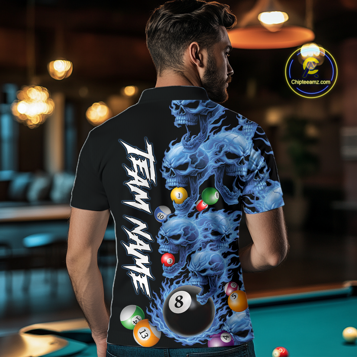 Custom Blue Flame Skull 8 Ball Pool Billiard Shirt for Men Polo & 1/4 Zip, Billiard Team Jerseys NNT160