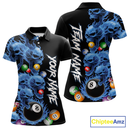 Custom Blue Flame Skull 8 Ball Pool Billiard Shirt for Women Polo & 1/4 Zip, Billiard Team Jerseys NNT160
