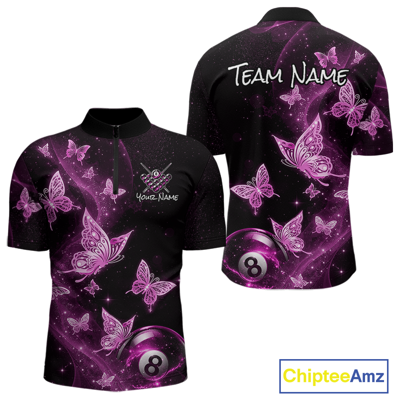 Custom Pink Butterfly Galaxy 8 Ball Billiard Shirt for Men Billiard Team Jersey Billiard League NNT192