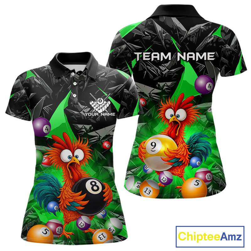 Custom Green Funny Chicken 8 Ball & 9 Ball Billiard Shirt for Women Billiard Team Jerseys NNT190
