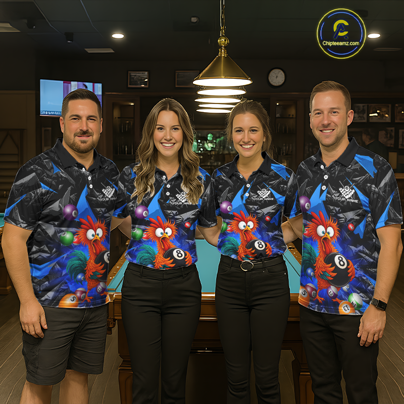 Custom Blue Funny Chicken 8 Ball & 9 Ball Billiard Shirt for Men Billiard Team Jerseys NNT190
