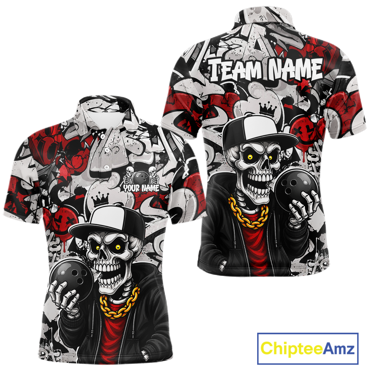 Skull-themed shirt with 'Team Name' and 'Your Name' text, featuring red, black, and white colors.