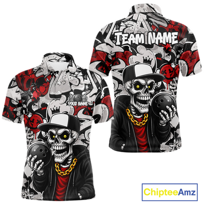 Skull-themed shirt with 'Team Name' and 'Your Name' text, featuring red, black, and white colors.