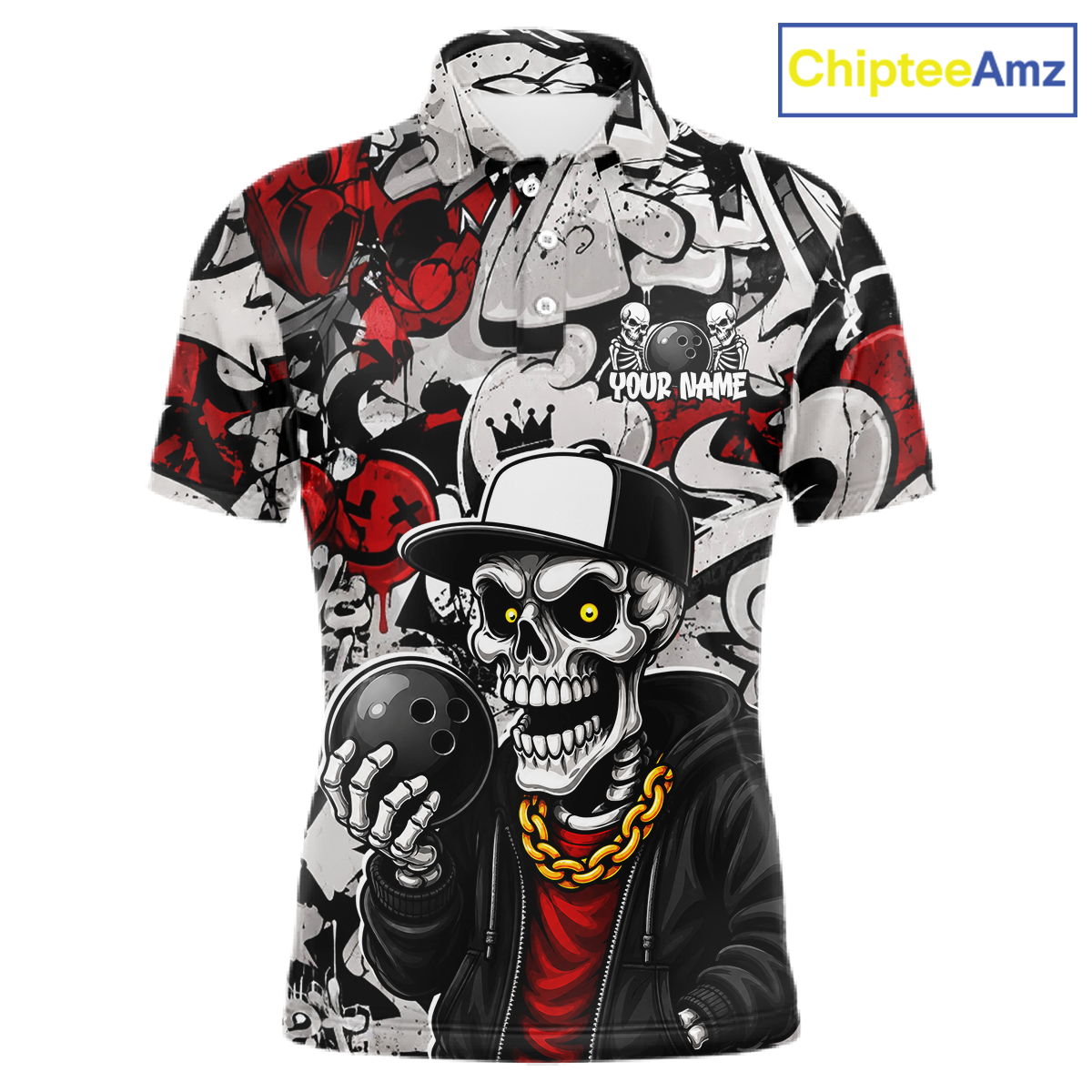 Short-sleeve shirt with a skull design and 'ChipteeAmz' branding.