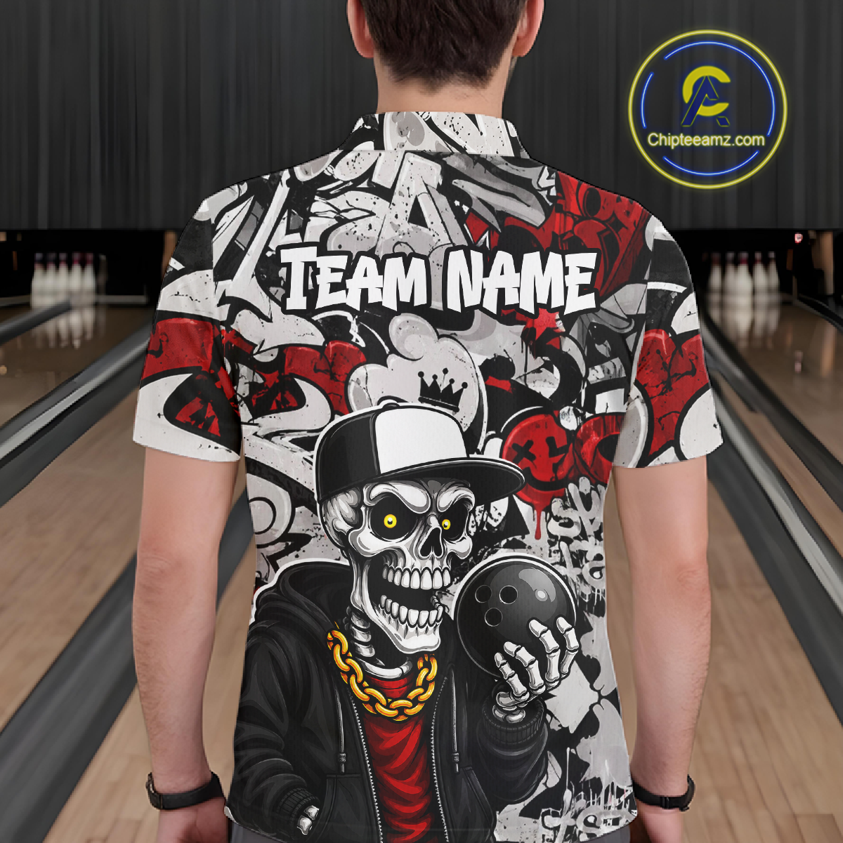 Person wearing a colorful shirt with a skull design and 'TEAM NAME' text in a bowling alley.
