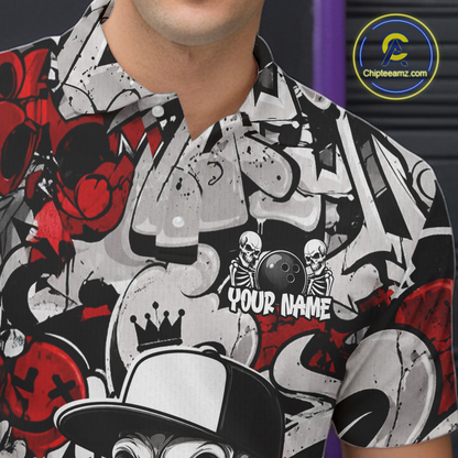 Person wearing a colorful graphic polo shirt with various designs and text.