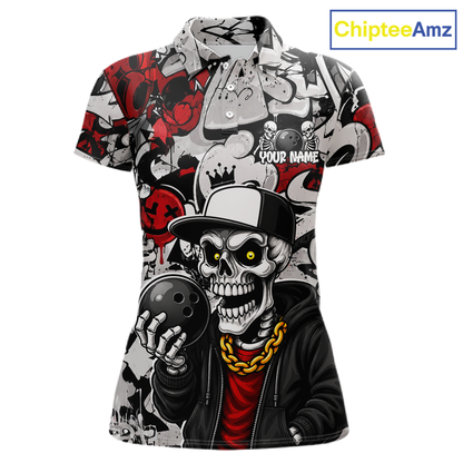 Short-sleeve shirt with a skull design holding a bowling ball, featuring the brand 'ChipteeAmz'.