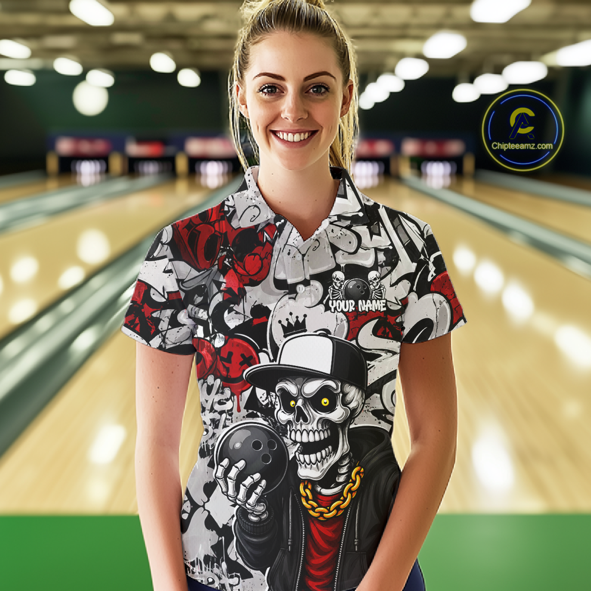 Woman wearing a colorful bowling shirt with a skull design in a bowling alley.