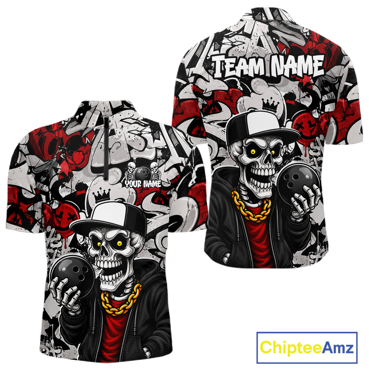 Skull-themed shirt with 'Team Name' text and Chiptee Amz branding.