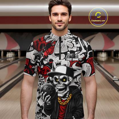 Man wearing a colorful graphic shirt with a skull design in a bowling alley.