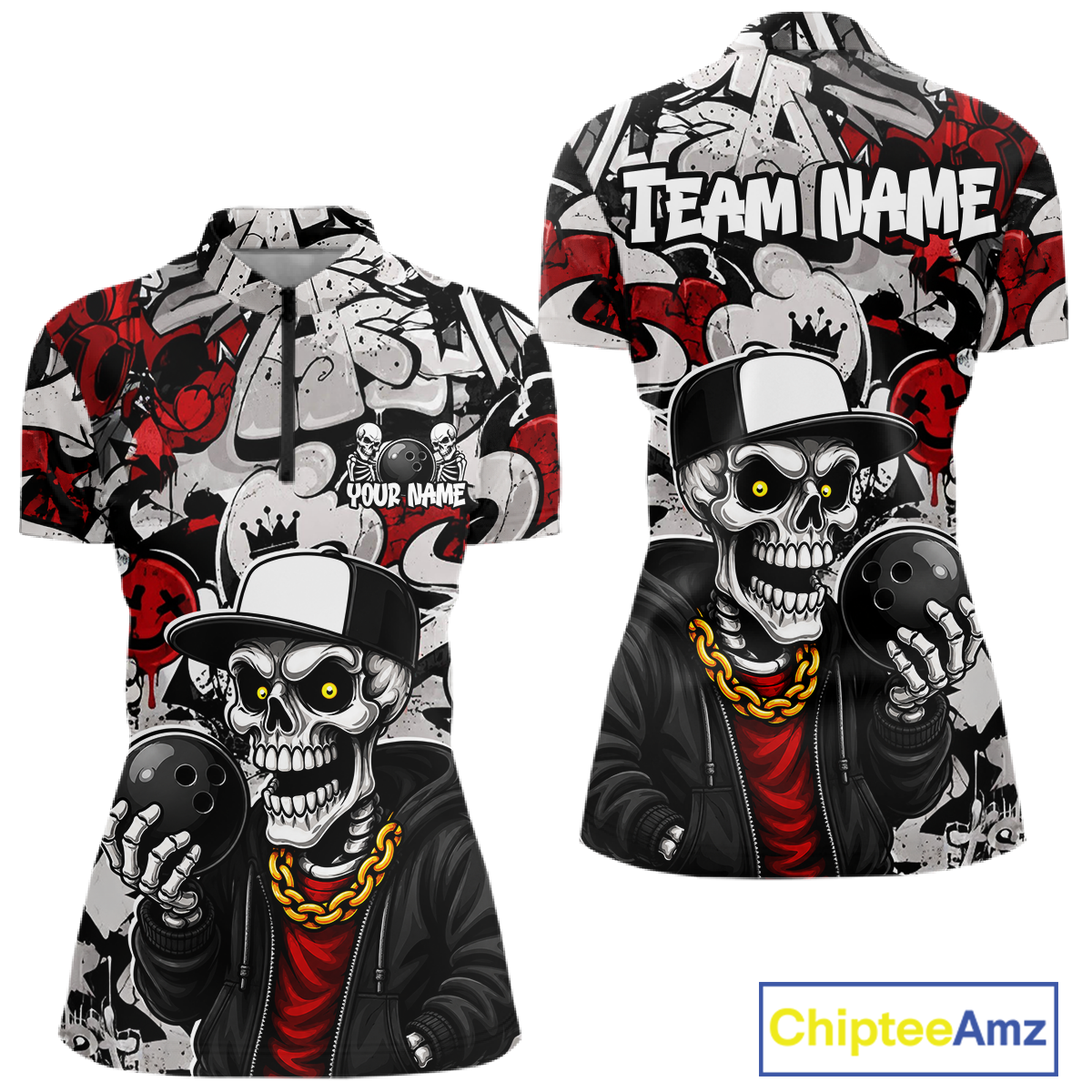 Two graphic t-shirts with a skeleton design and 'Team Name' text, featuring the brand 'Chiptee Amz'.