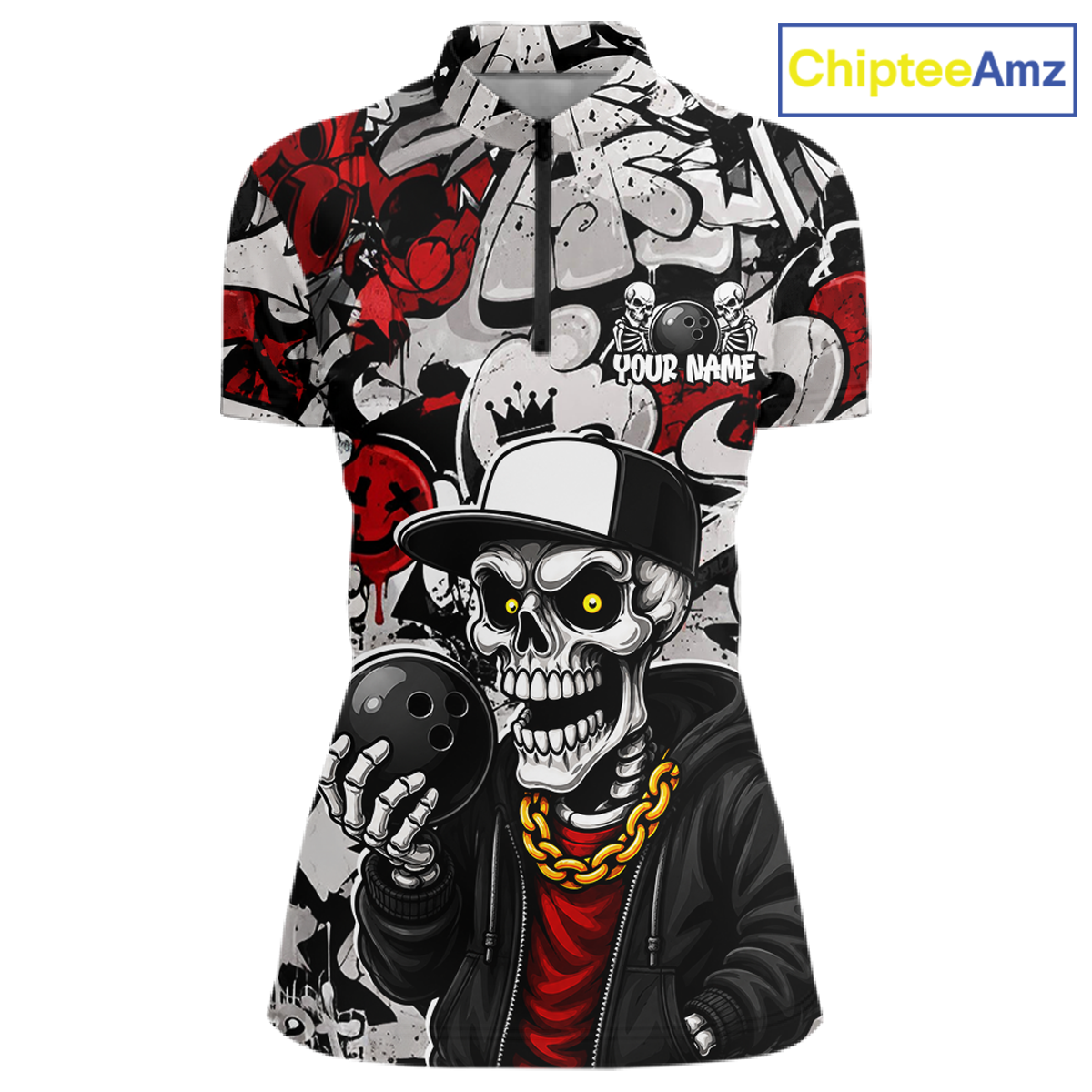 Bowling quarter zip with a skull design holding a phone, featuring red, black, and white colors, with 'ChipteeAmz' branding.