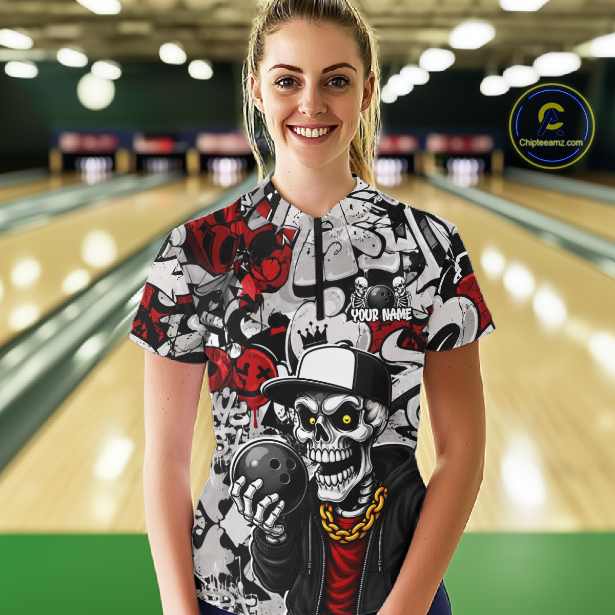 Person wearing a colorful bowling shirt with a skull design in a bowling alley.