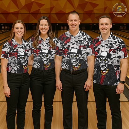 Four people wearing matching shirts with a skull design in a bowling alley.
