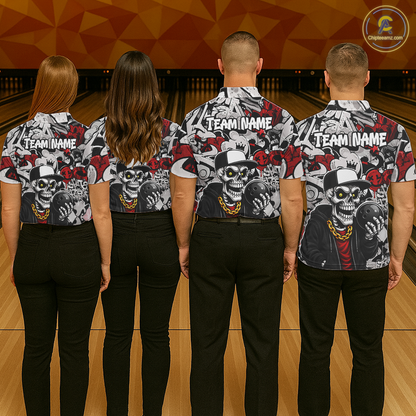 Four people wearing matching shirts with a skull design and 'Team Name' text on a bowling alley background.