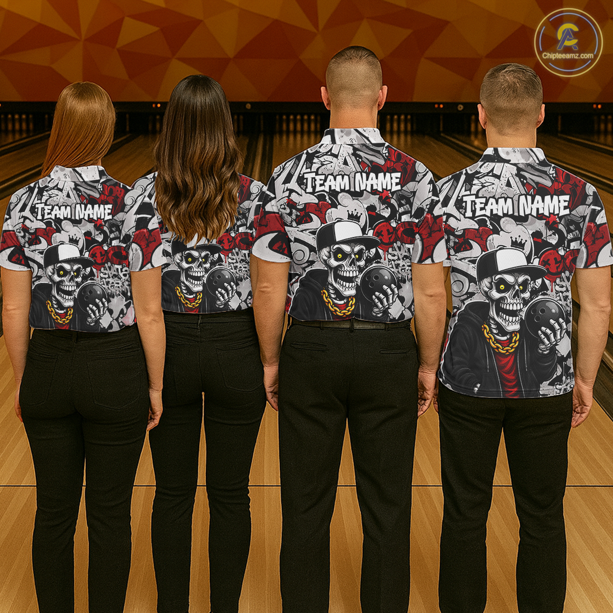Four people wearing matching shirts with a skull design and 'Team Name' text on a bowling alley background.