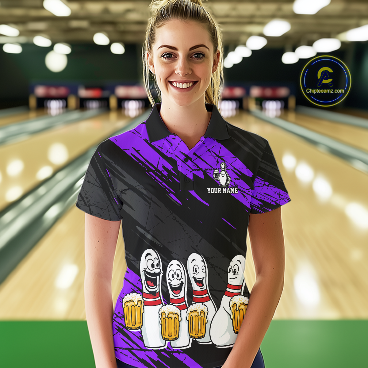Custom Purple Funny Bowling Tournament Jersey for Women Bowling Team Shirts Polo & 1/4 Zip HNT178