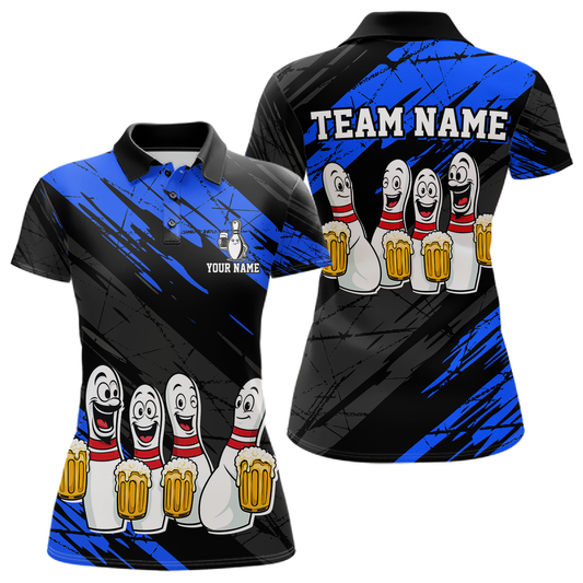 Custom Blue Funny Bowling Tournament Jersey for Women Bowling Team Shirts Polo & 1/4 Zip HNT178